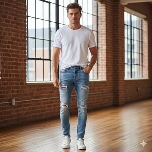 Aeropostale Skinny Taper Blue Jeans Mens 30x30 Distressed Ripped Frayed Hem